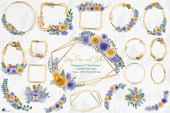 Very Peri, Yellow Floral Bouquets Frames: Elevating Design with Watercolor Boho Elegance